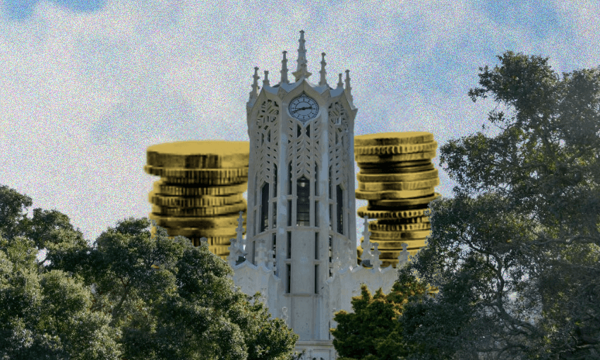 Towers of coins next to the university clocktower