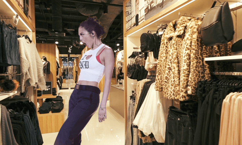 Olivia Rodrigo transposed over a photo of Glassons