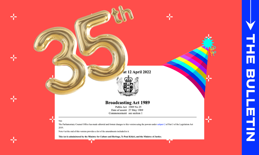 a celebratory graphic marking the 35th anniversary of the Broadcasting Act 1989. It includes festive elements like a large &quot;35th&quot; in gold balloons, a colorful party hat, and the text &quot;THE BULLETIN&quot; on the side. The document excerpt in the image indicates the Broadcasting Act was assented to on May 27, 1989, and is administrated by various ministries.