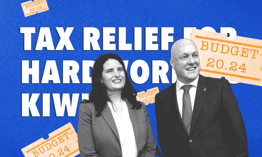 National’s Nicola Willis and Christopher Luxon, and one of the party’s favourite election slogans (Photo of Willis and Luxon: Getty Images, design by Tina Tiller)