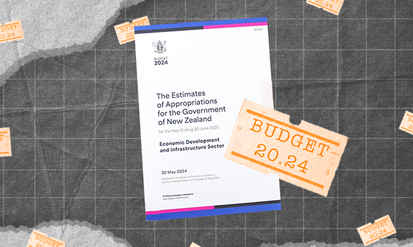 The budget 2024 document on top of a grid-like grey background. Scattered around the document are tickets labeled "BUDGET 20.24".
