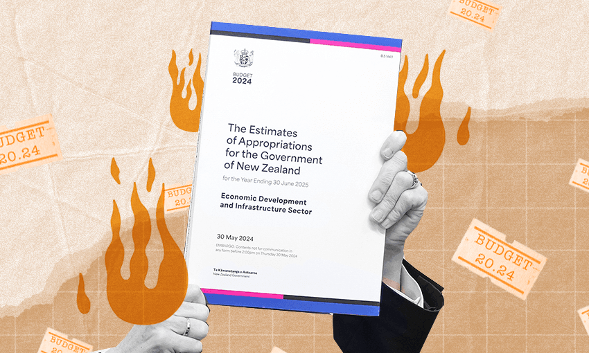 The image shows a person holding a document titled "The Estimates of Appropriations for the Government of New Zealand for the Year Ending 30 June 2025: Economic Development and Infrastructure Sector." The document is marked with the New Zealand government logo and dated 30 May 2024. The background features flames and the phrase "Budget 2024" on price tag stickers.