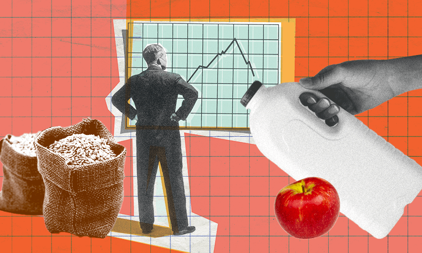 a red graph background and some images of an apple, rice and milk with a guy in a suit squinting at a graph. a little humourous