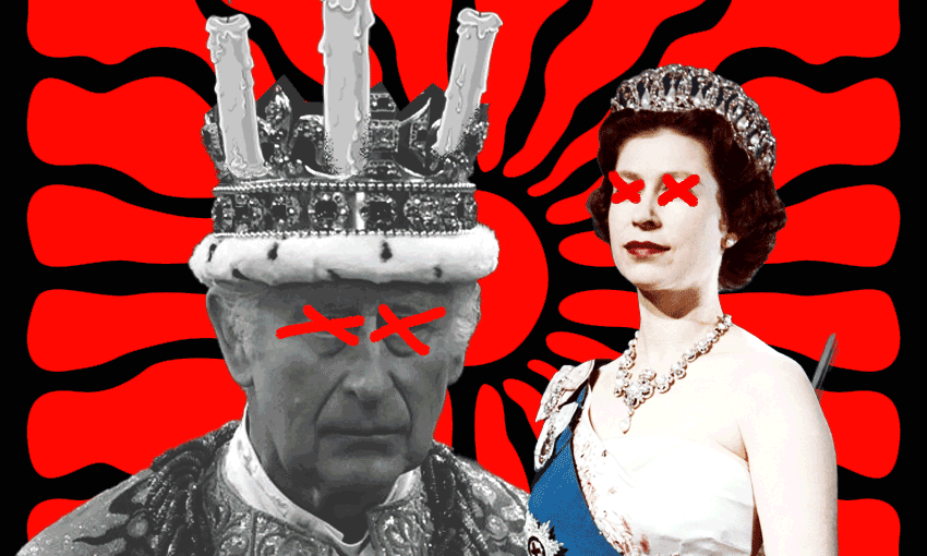 King Charles II and a young Queen Elizabeth II with red crosses across their eyes, against a striking red and black background