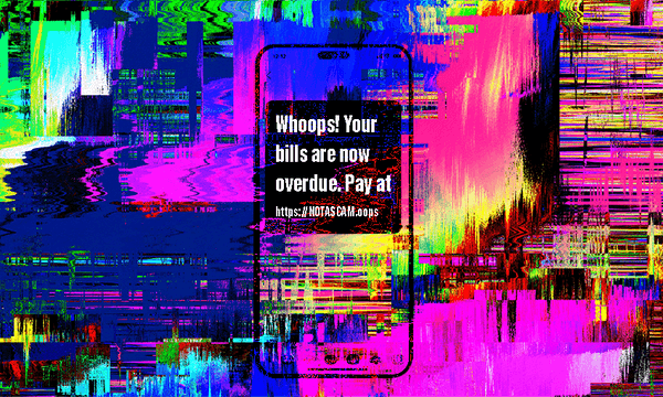 An iphone with a scammy message that reads 'Woops your bills are due now. Pay at notascam.co.nz now' sits on top of a colourful, digitally chaotic background.