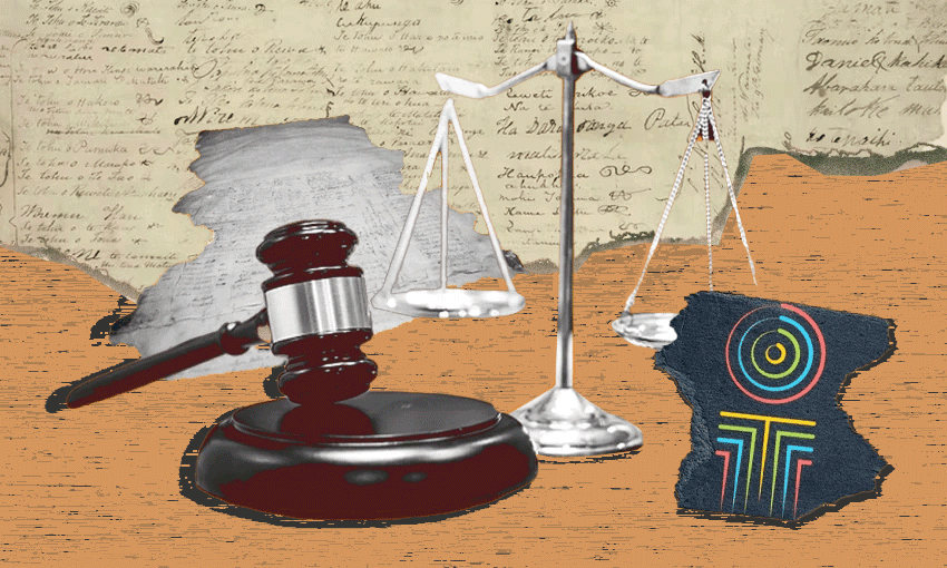 A gavel, scales of justice and the Oranga Tamariki logo against a stylised background featuring the Treaty of Waitangi