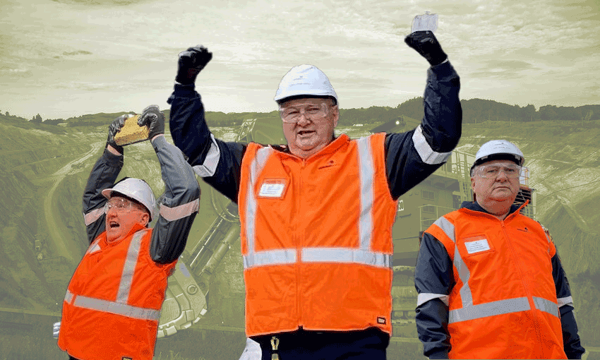 Three images of Shane Jones wearing orange reflective safety vests and white hard hats against the background of an open-pit mining site