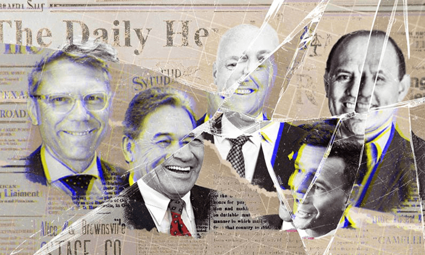 Images of Paul Goldsmith, Winston Peters, Christopher Luxon, David Seymour and Willie Jackson, set against a backdrop of a vintage newspaper, overlaid with an effect that makes it look like the glass covering the image is smashed, with visible cracks radiating from the centre