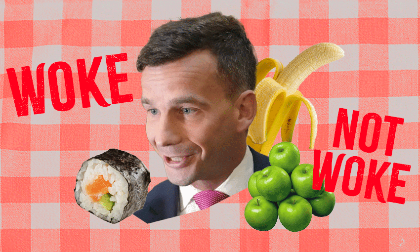 david seymour with the words woke and a piece of sushi on one side, and a banana and apples and the words not woke on the other