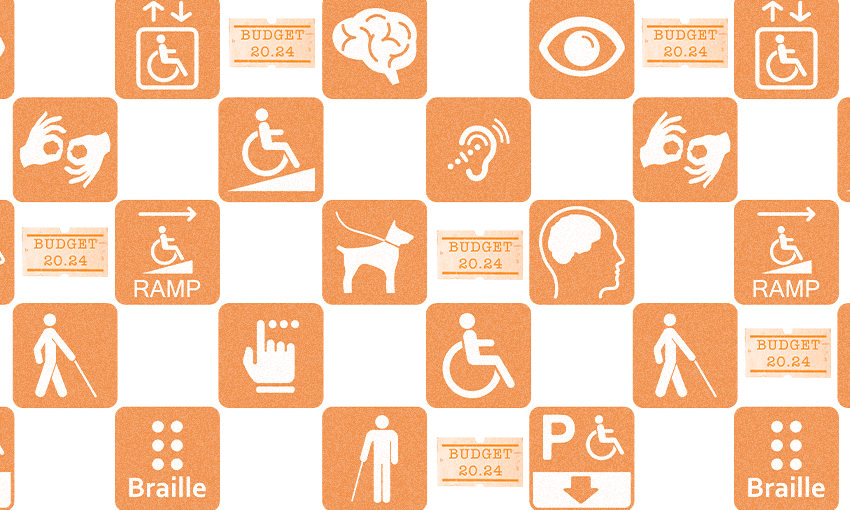 grid of icons related to disability accessibility and support, interspersed with icons representing Budget 2024
