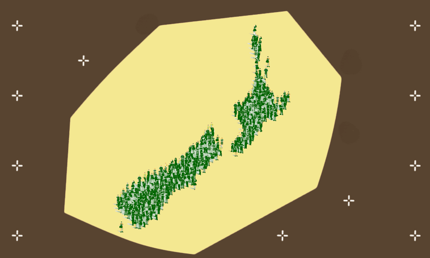 The image depicts a stylised map of New Zealand, created using illustrations of numerous small, colourful human figures. The figures are arranged to form the shape of the country. The background consists of a large yellow shape that outlines the map of New Zealand, set against a red background with small white cross symbols scattered around.