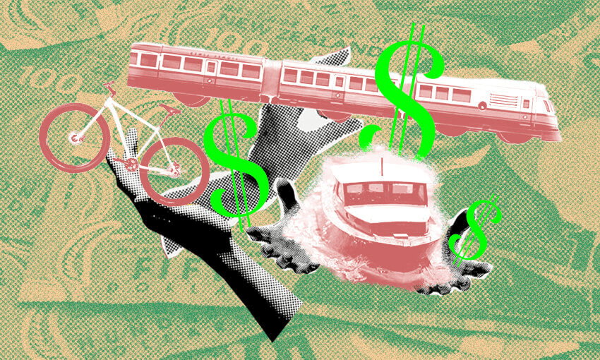 An illustration featuring a collage of various transportation modes and dollar signs. A hand is positioned in the center, holding a bicycle, a train, and a boat, each accompanied by green dollar signs. The background is a textured pattern of green and beige, resembling currency notes.