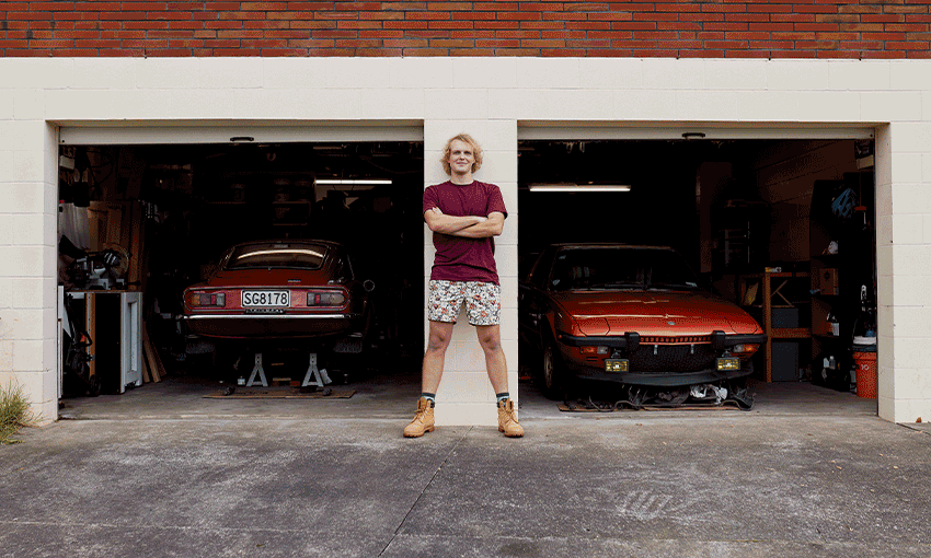 Several images of New Zealanders in their garages.