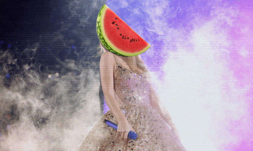 Photograph of Taylor Swift in a sparkly dress with a watermelon covering her head