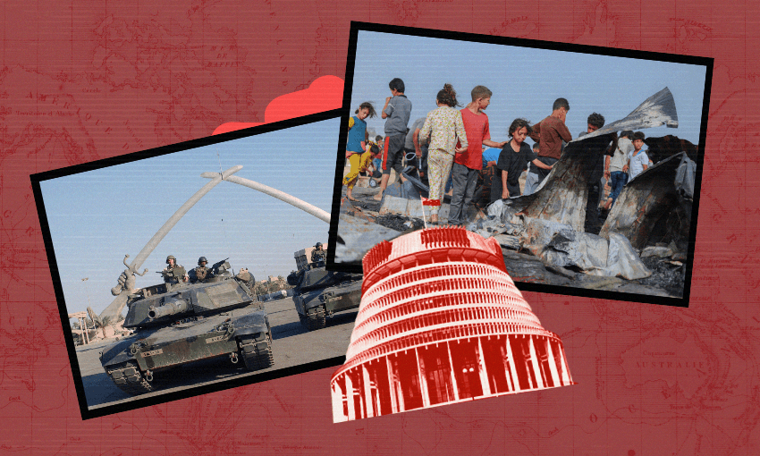 Left: US soldiers at the Hands of Victory monument in Baghdad, 2003. (Photo:  John L. Houghton via Wikipedia). Right: Palestinians gather at the site of an Israeli strike on Rafah camp (Photo by Khames Alrefi via Getty). 
