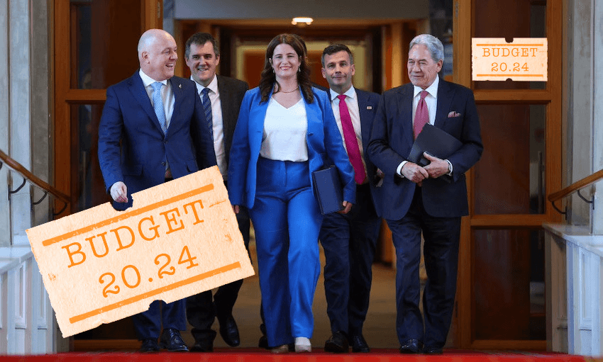 Christopher Luxon,  Chris Bishop, Nicola Willis, David Seymour and Winston Peters make their way to the house on budget day 2024, May 30, 2024. (Photo: Hagen Hopkins / Getty Images) 
