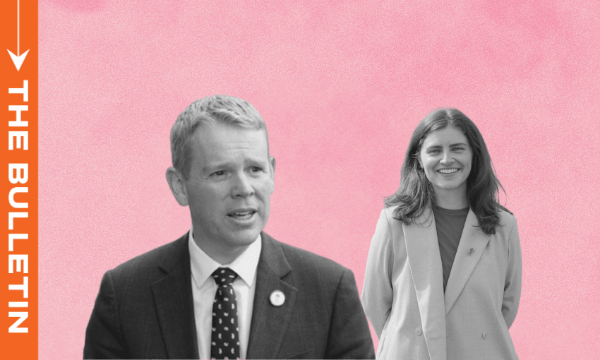 Black and white photos of Chris Hipkins and Chloe Swarbrick on a pink backdrop