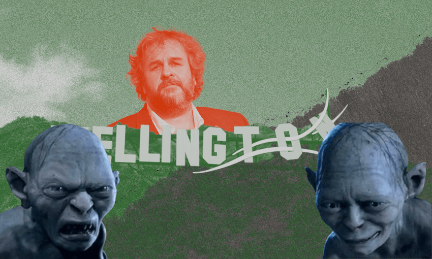 A green image of the Wellington sign with Peter Jackson, tinted orange, above it. On the left is Gollum from the Lord of the Rings movies looking angry and on the right is Smeagol, looking upset