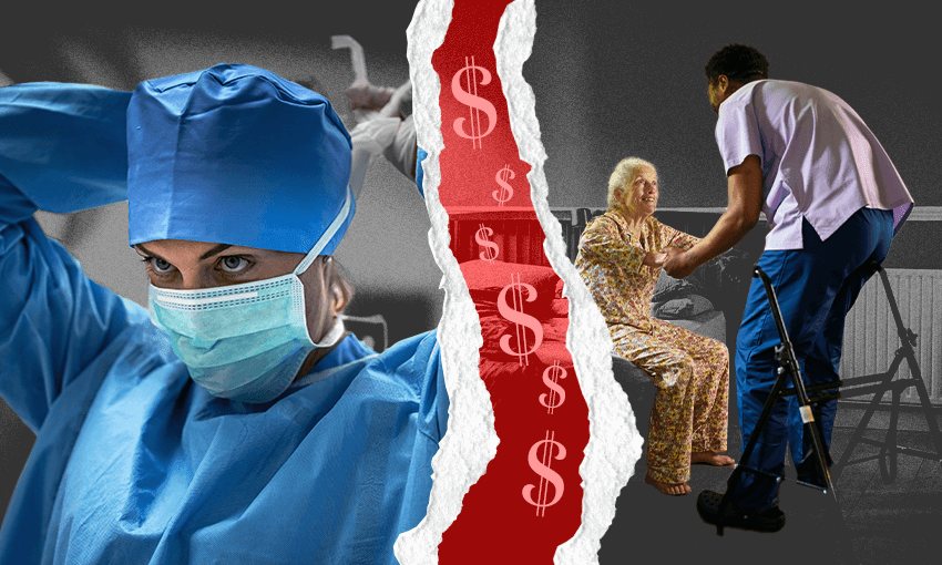 a collage of a nurse putting on a mask and a social worker helping an older person stand up ripped apart by money
