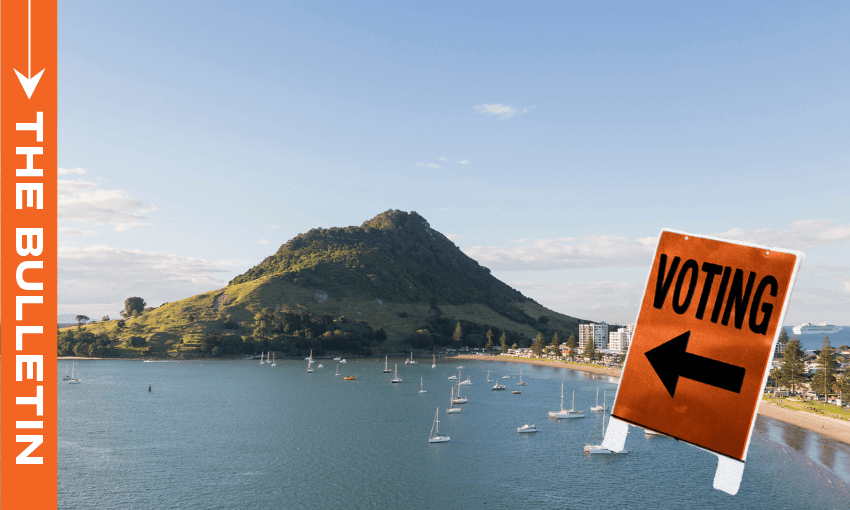 An orange voting sign on an image of Mount Maunganui on a sunny day