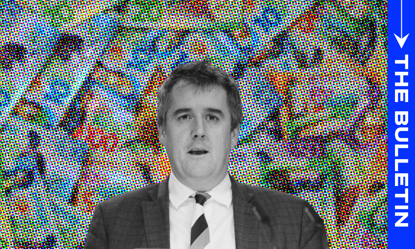 The image features Chris Bishop, a Member of Parliament the National Party, against a background that appears to be a stylized, pixelated depiction of various New Zealand banknotes. The image includes the branding "THE BULLETIN" on the right-hand side.