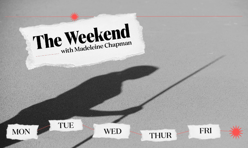A black and white image showing the shadow of a person holding a javelin on an athletics track. The text 'The Weekend with Madeleine Chapman' is prominently displayed in a torn paper effect at the top. Days of the week are listed on torn paper strips at the bottom, with 'MON', 'TUE', 'WED', 'THUR', and 'FRI' written on them.