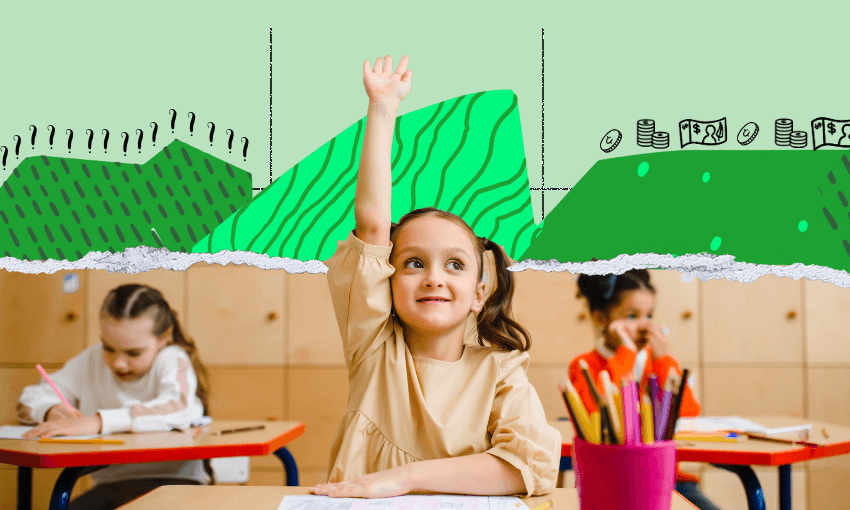 a little girl at a desk with her hand up on a green background