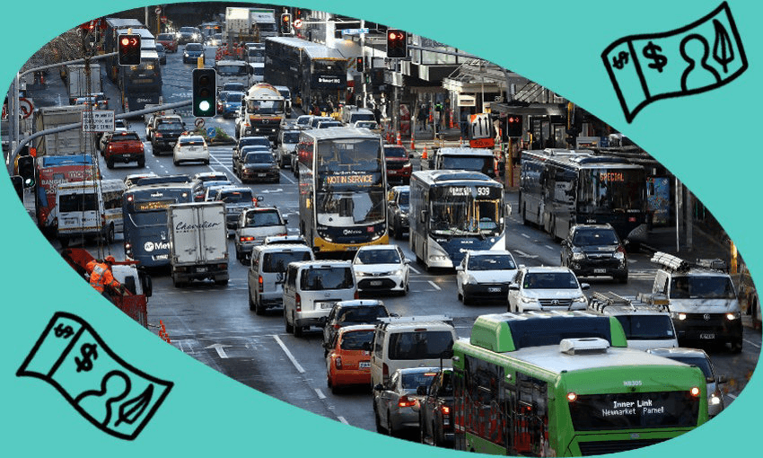 A congested city street in Auckland filled with cars, buses, and trucks during peak traffic. The scene includes multiple traffic lights and urban infrastructure, with a variety of vehicles navigating the busy road. The image is bordered by a teal background with illustrations of dollar bills in the corners, emphasizing the financial aspect of transportation issues.