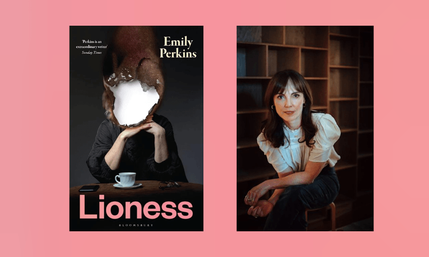 A book cover on the left for Lioness, written by Emily Perkins. It shows a portrait of a woman with a burnt hole where her face would be. On the right, a portrait of Emily Perkins staring into the camera.
