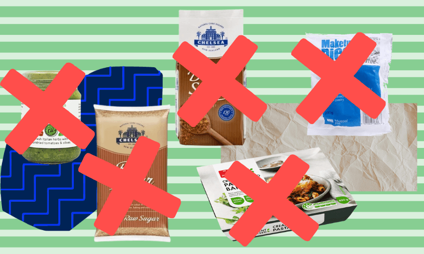 a green striped background with different packets of food that have large red crosses over them