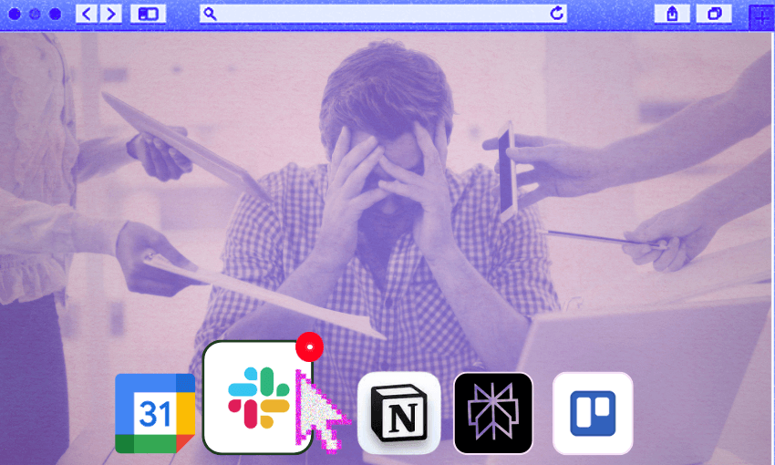a purple toned man grips his head while people hold out tools around him ; as if viewed through a screen, a mouse clicks on an app beneath him