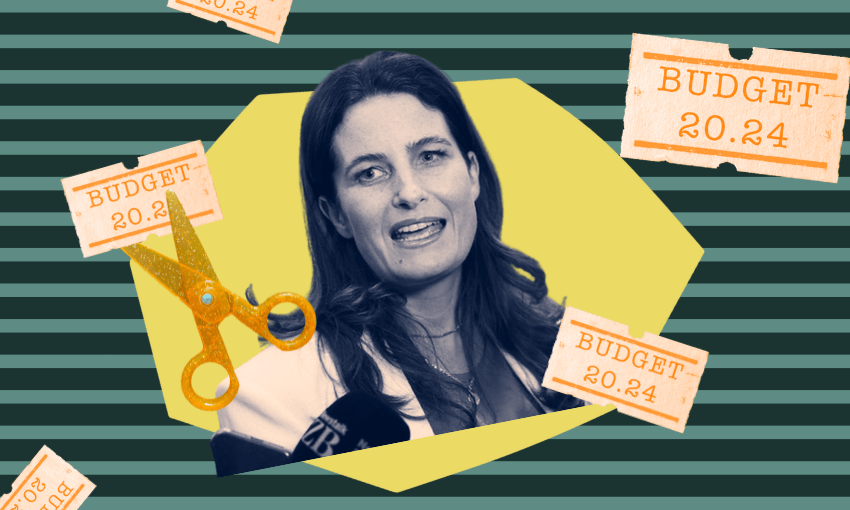 a headshot of Nicola Willis against a yellow shape and green striped background with stickers saying "Budget 2024" and a pair of scissors