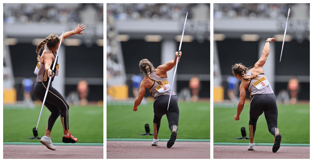 A triptych of Tori Peeters in different stages of throwing the javelin, including the release