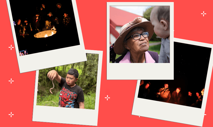 Top left and bottom right, burning home fires at Pikitū, top right, Whaea Ruthan Begbie and her mokopuna at Pikitū (Photos: Maximillian Scott-Murray); bottom left, Inglis Tinirau-Williams of Te Morehu Whenua gathering bait for eeling (Photo: Melody Thomas) 
