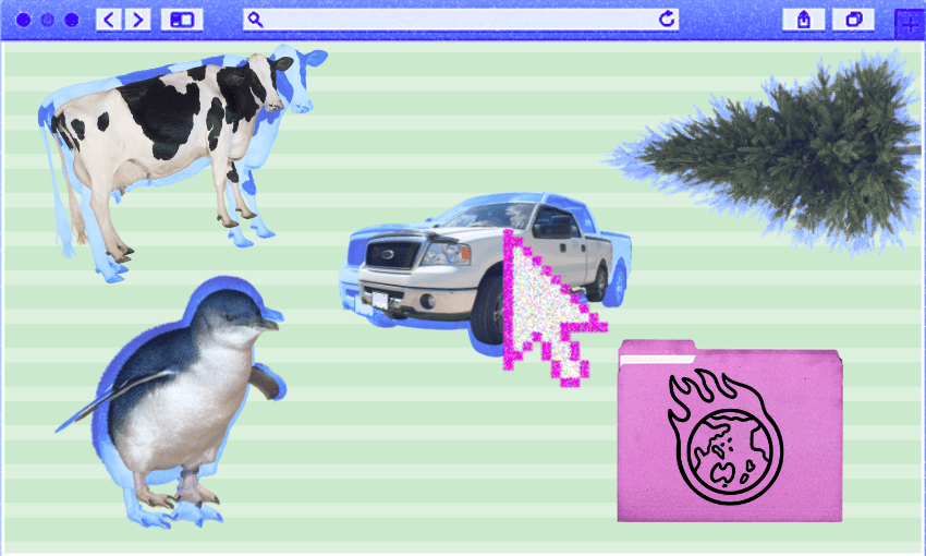 pale green stripes with logos of a penguin, a tree, a car, and a cow looking like a cursor on a computer screen to drag into a folder