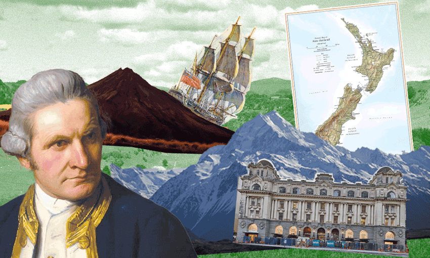 A portrait of James Cook, map of New Zealand, and Taranki maunga.