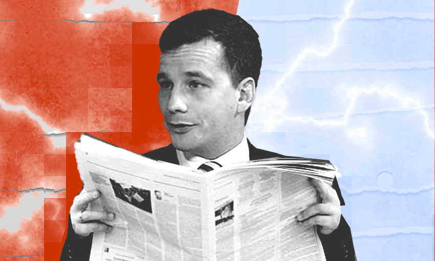 David Seymour in a suit reading a newspaper against a background split into two sections. The left section is red with what appears to be a stormy texture, while the right section is blue with a similar stormy texture.