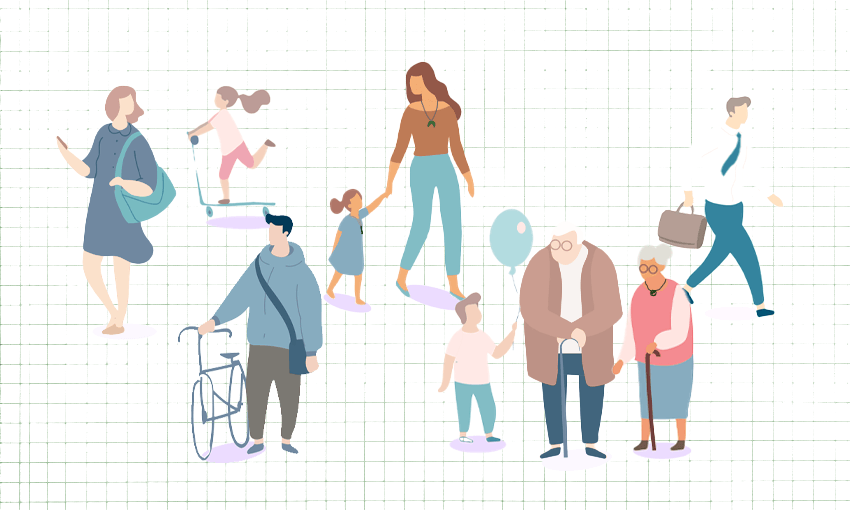 A drawing of people of different ages and ethnicities. (Design: Tina Tiller)