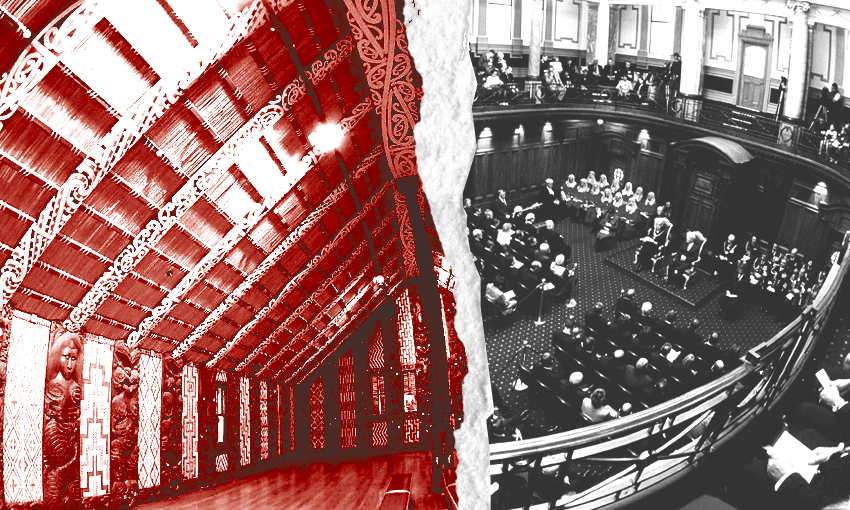 The image is split into two distinct halves. The left side features a richly decorated Māori meeting house, with intricate carvings and woven panels, highlighted in a red tint. The right side shows a formal parliamentary setting in black and white, with members seated and engaged in a session.