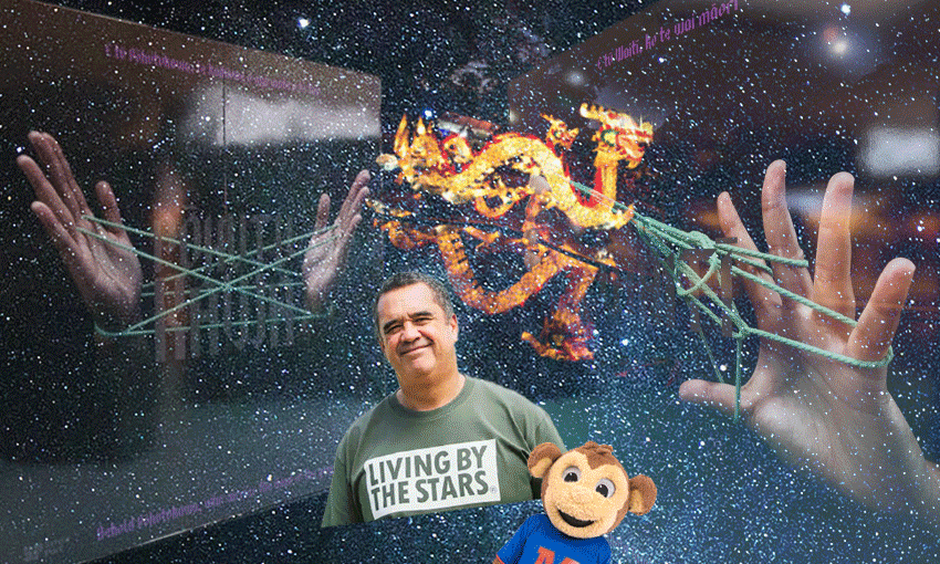 A space background with a golden dragon, Rangi Matamua, a Matariki display, and Monty the Monkey overlayed.