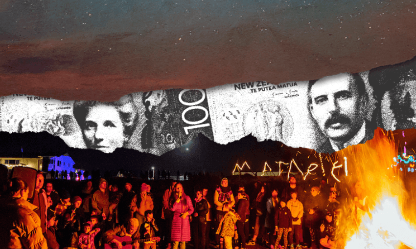 A shot from a Matariki celebration with people gathered around a fire. There is some money in the image with a morning sky above the money.