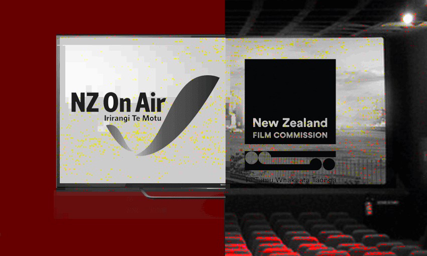 Half a TV featuring the NZ on Air logo, half a movie screen featuring the film commission logo