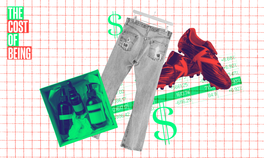 The image consists of various consumer goods superimposed on a graph paper background with dollar signs, suggesting an analysis of the cost of these items. The items depicted include: A pair of jeans with a hanger. A pair of red sneakers. A set of three cosmetic bottles in a green box. The background features red grid lines, and numerical data with dollar signs is overlaid on the image, implying a focus on prices or costs. The phrase "The Cost of Being" is prominently displayed in the top left corner.