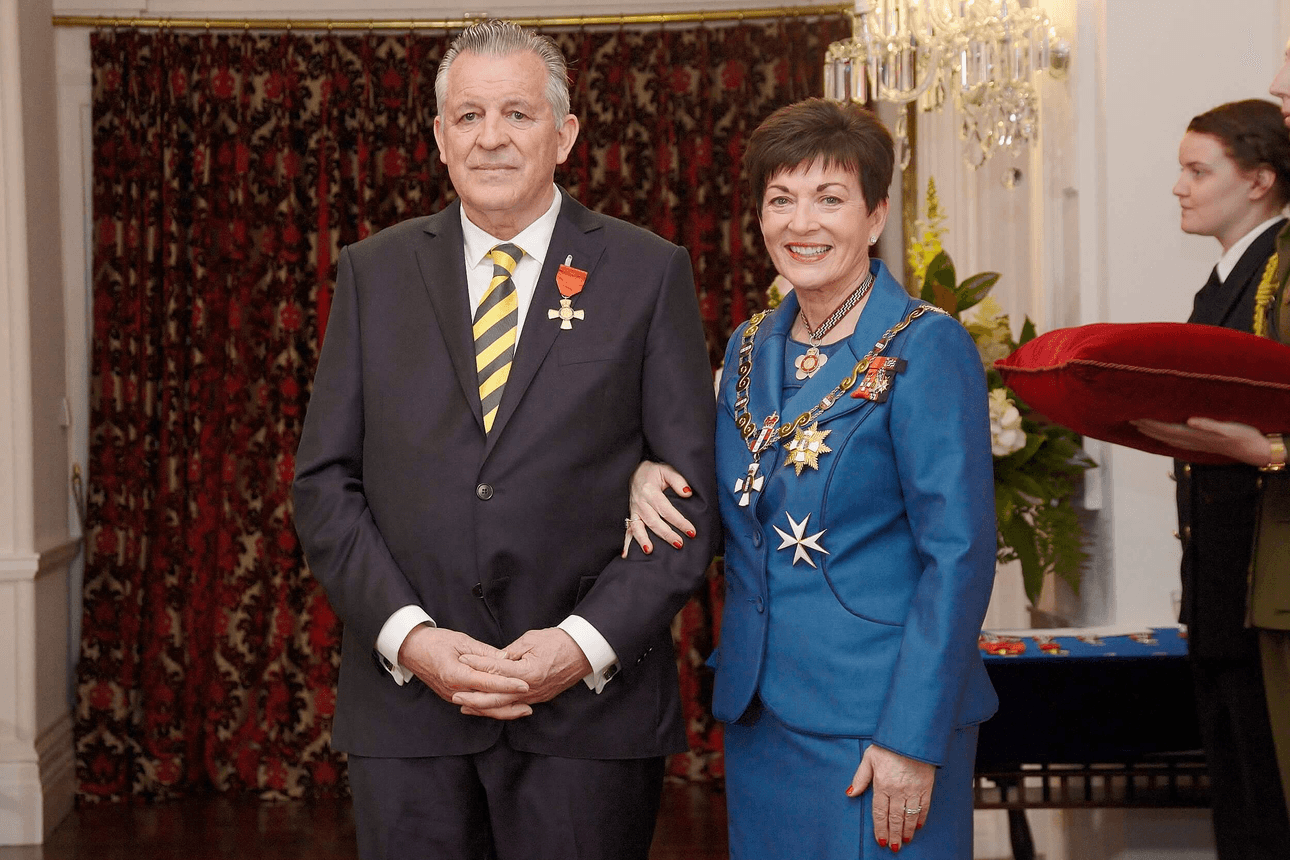 Larry Parr, after his investiture as ONZM, for services to film and television, by the governor-general, Dame Patsy Reddy, on 25 September 2018.