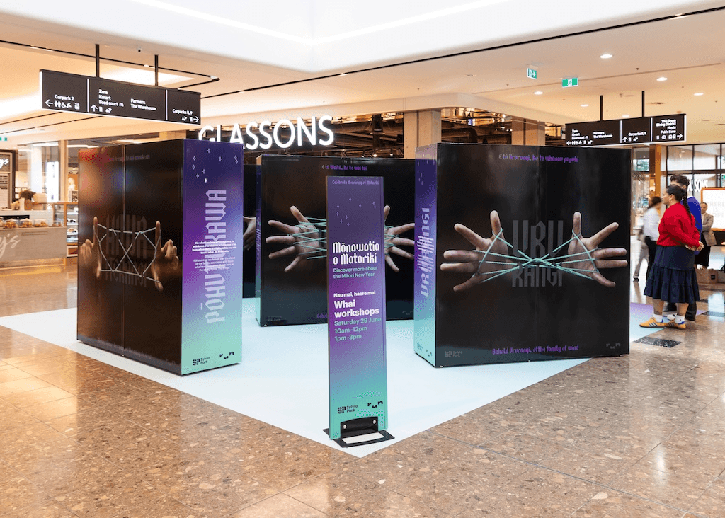 The Matariki exhibits at Sylvia Park featuring whai, traditional string games played by Māori during the time of Matariki.