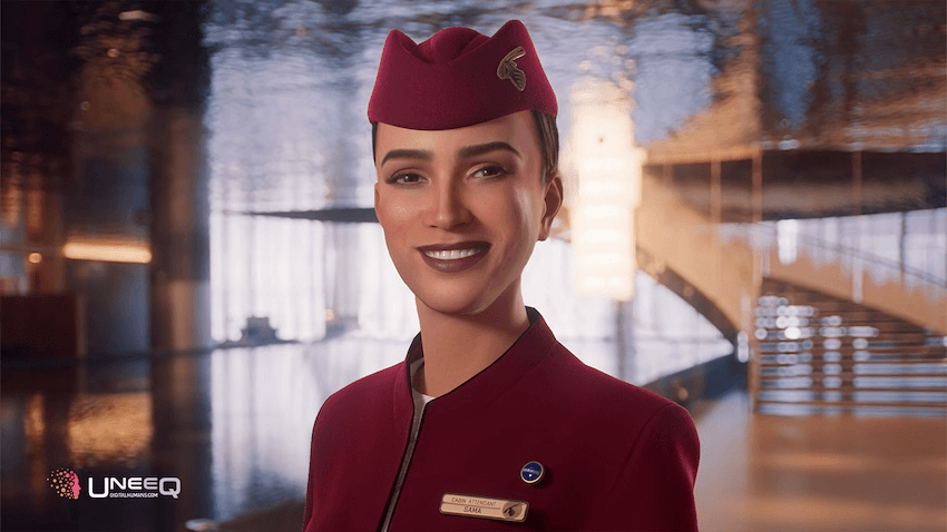A digital human created by UneeQ, dressed in a Qatar Airways flight attendant uniform with a maroon hat and matching attire, smiling warmly. The background is a modern, elegant airport lounge with soft lighting and reflective surfaces. The UneeQ logo is visible in the bottom left corner.