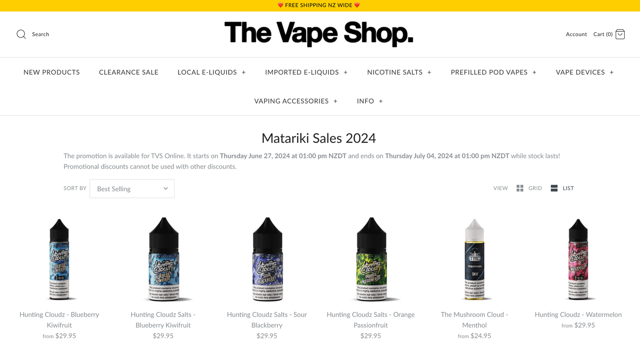 A screenshot of The Vape Shop website's Matariki sale page.