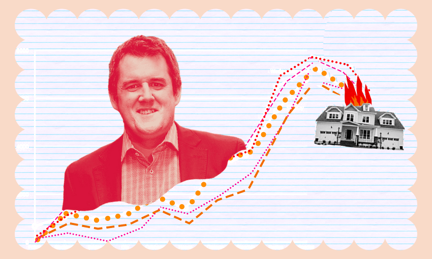 Chris Bishop against a background of lined paper. There are graphs overlaid on the image, trending upward, culminating in a burning house icon.