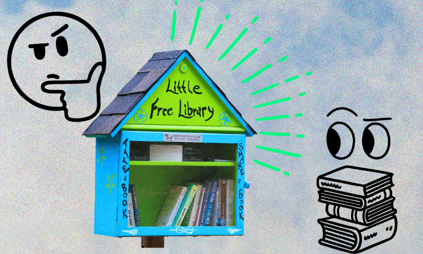 a grainy sky background with a little library hut and some skeptical eyebrow raised emojis