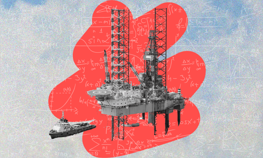 An offshore oil rig and a supply vessel are depicted against a backdrop featuring mathematical equations. The background is predominantly blue with a large red shape in the center, partially covering the rig and vessel, filled with white mathematical formulas and diagrams.